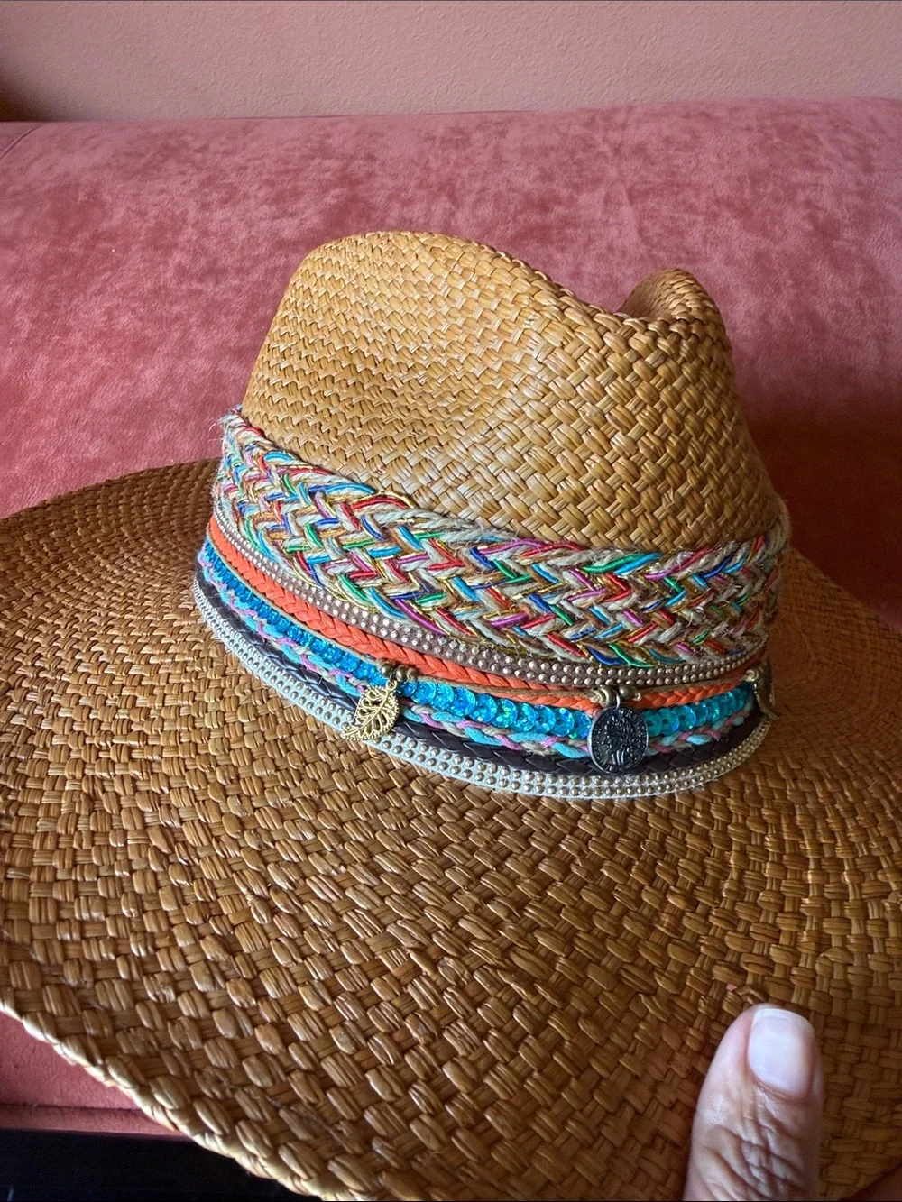 Women’s Straw Fedora Hat with Colorful Braided Band - Tan - Picture 5 of 7